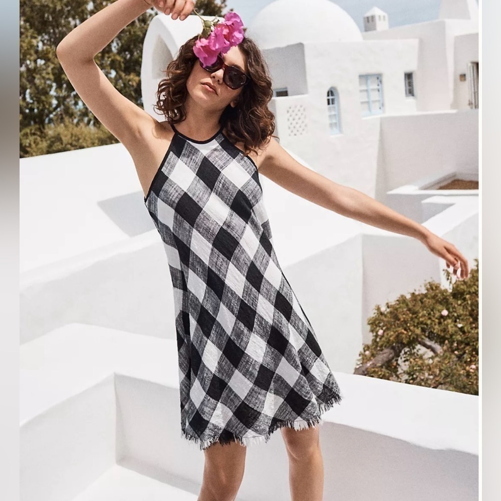 ANTHROPOLOGIE Cloth & Stone Linen Blend Gauzy Frayed Gingham A-Line Dress Size S